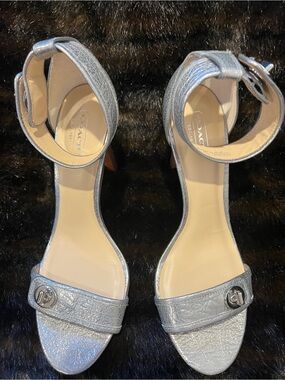 Coach Silver Metallic Ankle-Strap Heeled Sandals